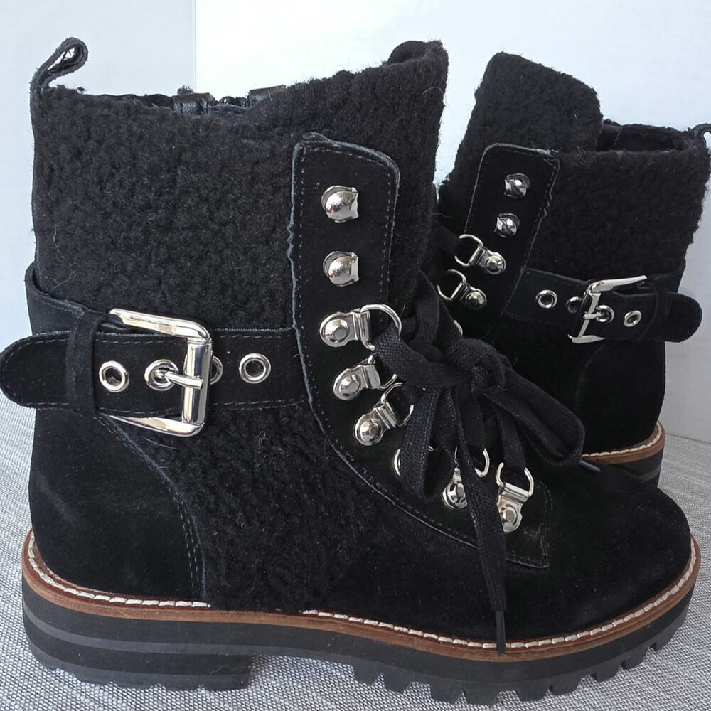 Steve Madden Lacie Black Boots Genuine Suede Sherpa Siver Ankle Buckle Lug Sole